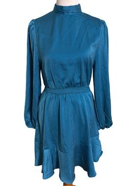 One One Six High Neck Teal Midi Dress Smocked Waist